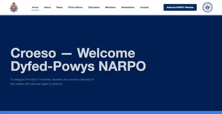Banner on a Dyfed-Powys NARPO site featuring the Welsh-English welcome text "Croeso — Welcome" on a dark blue background with a blue silhouette map of Wales.
