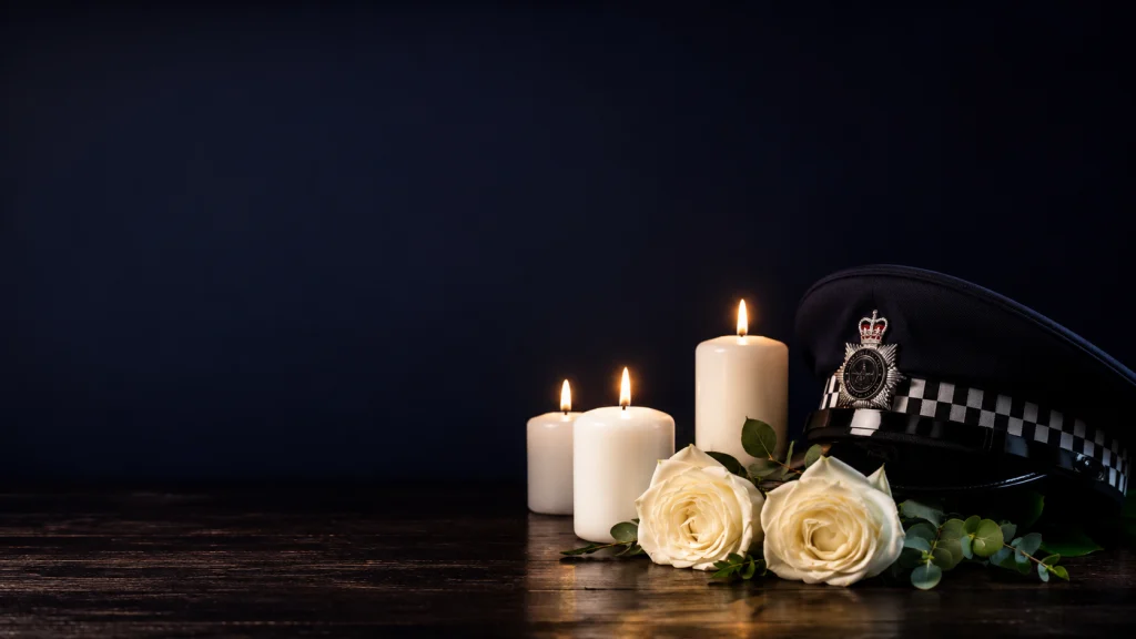 A police cap resting beside lit candles and white roses